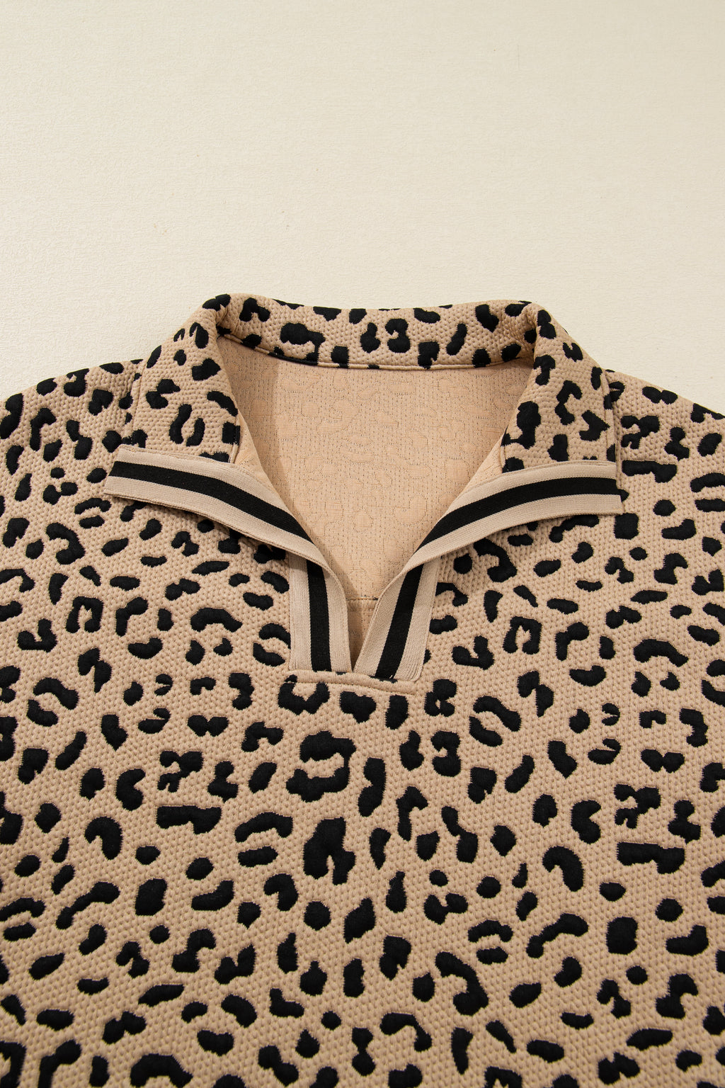 Parchment Leopard Polo Collar V Neck Pullover Top