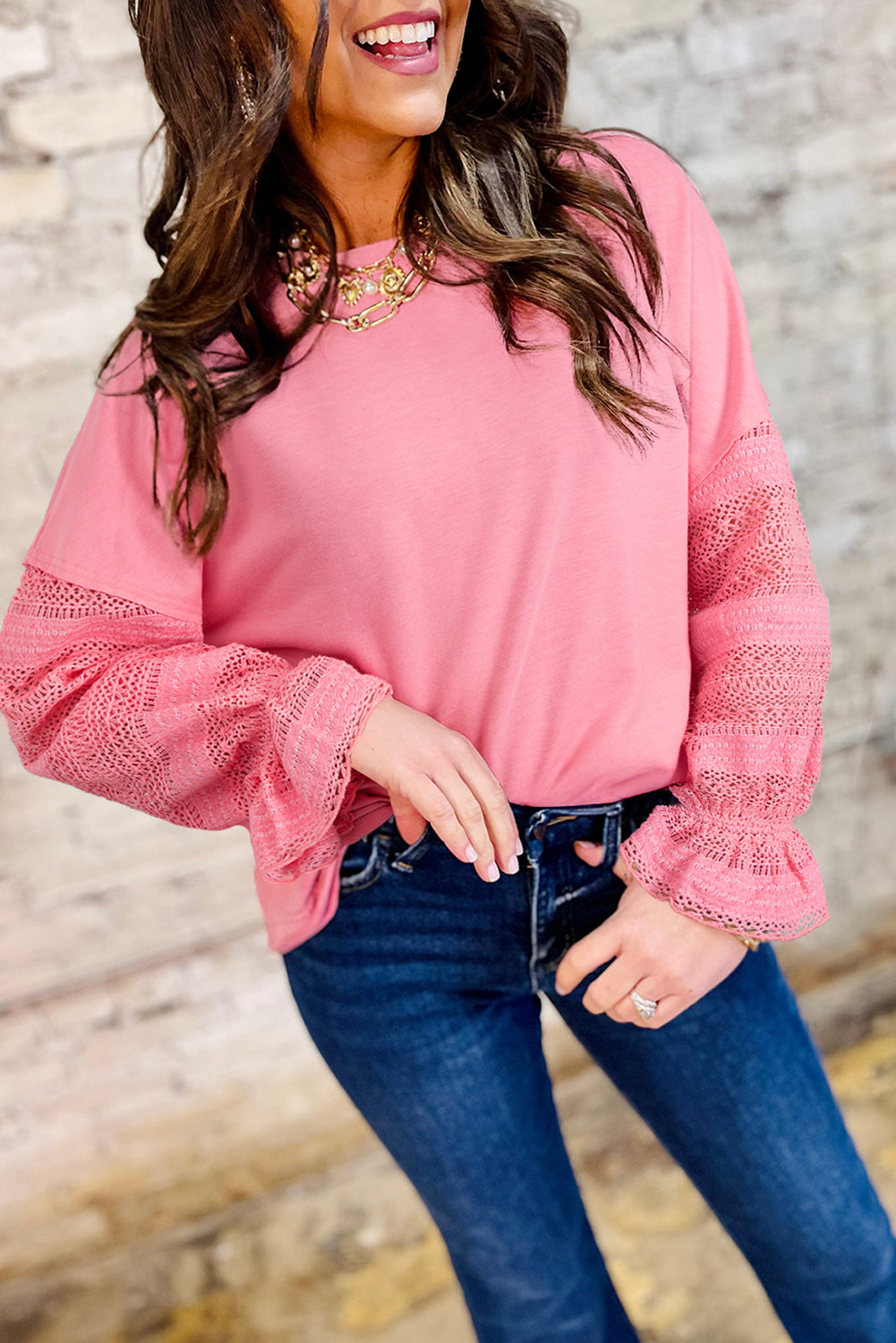 Sachet Pink Drop Shoulder Lace Ruffled Sleeve Patchwork Loose Sweatshirt