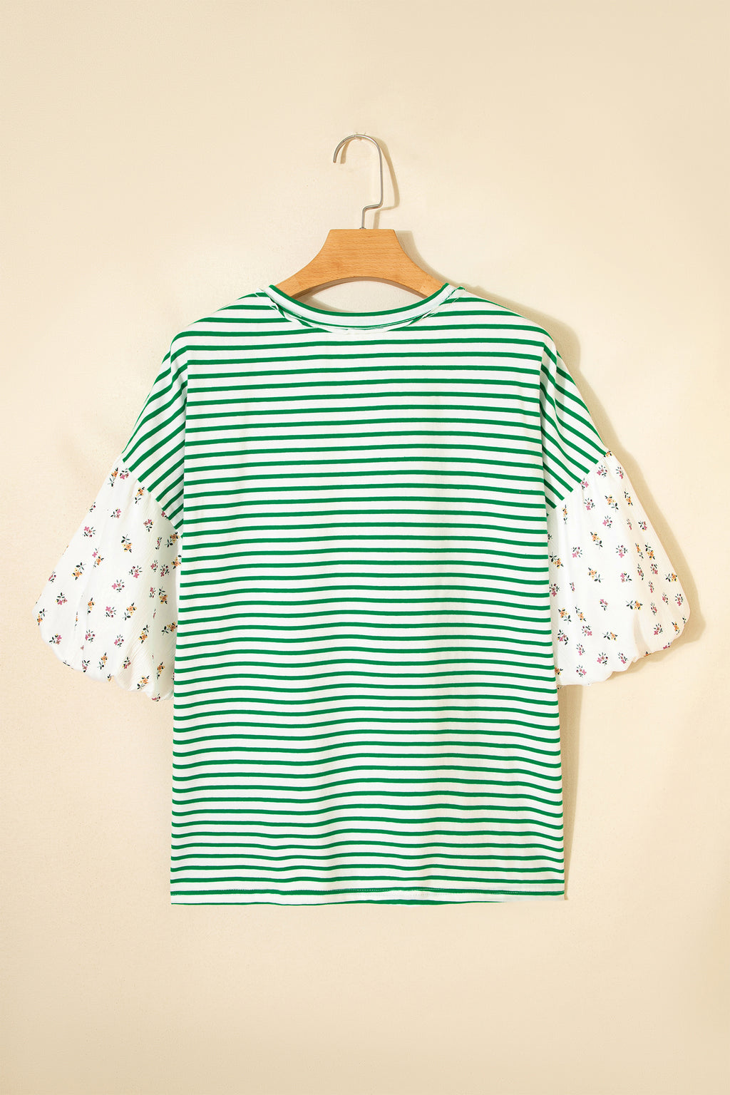 Green Stripe Floral Puff Sleeve Patchwork Round Neck Loose Top