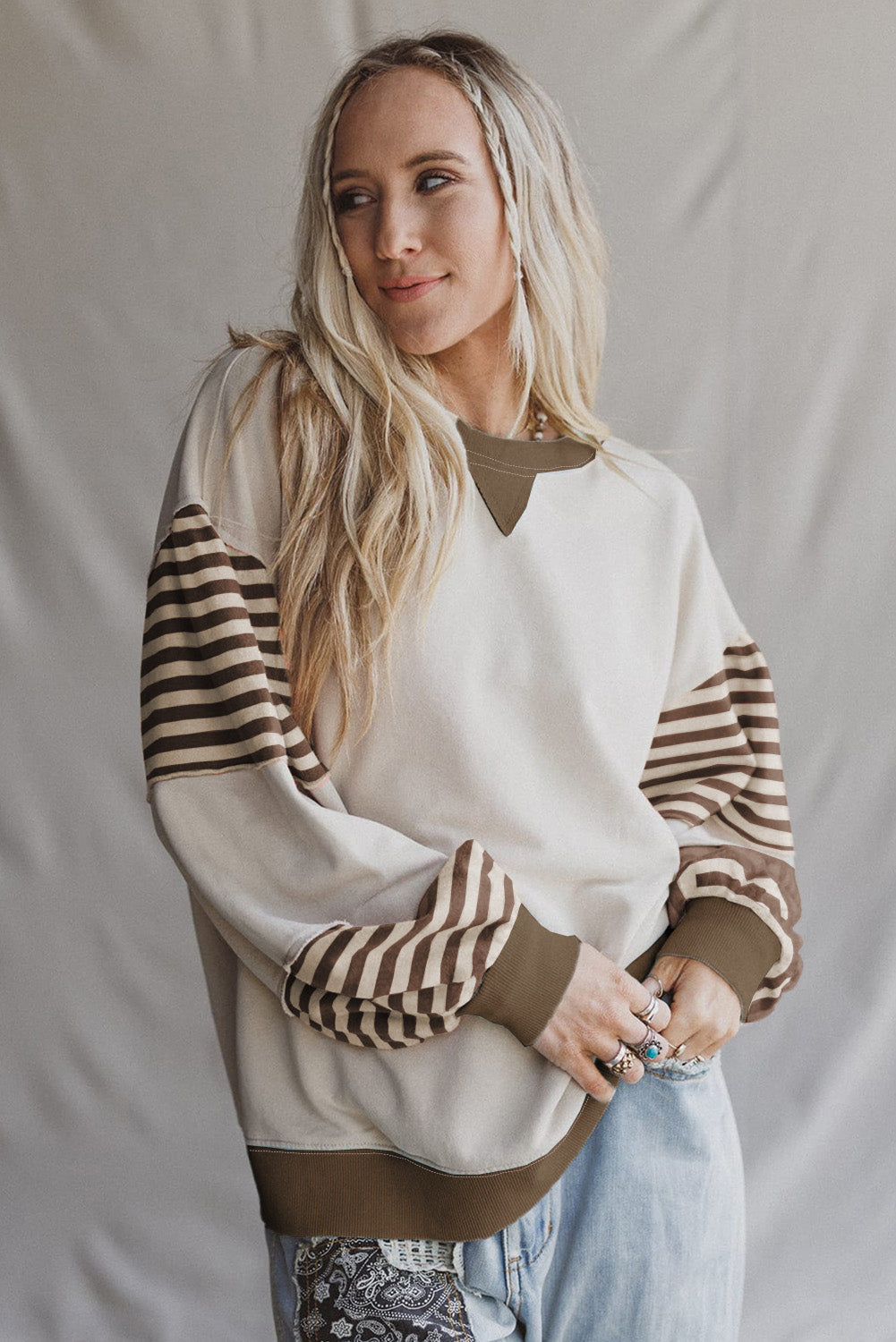 Parchment Striped Colorblock Patchwork Drop Shoulder Sweatshirt
