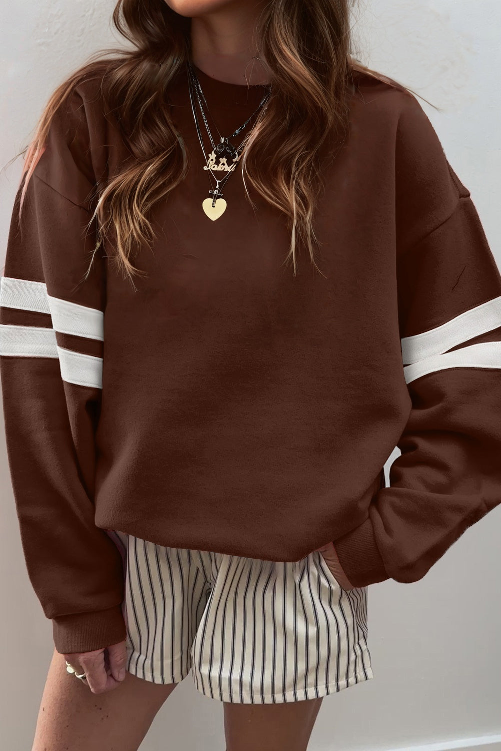 Coffee Varsity Striped Detail Drop Shoulder Oversized Sweatshirt