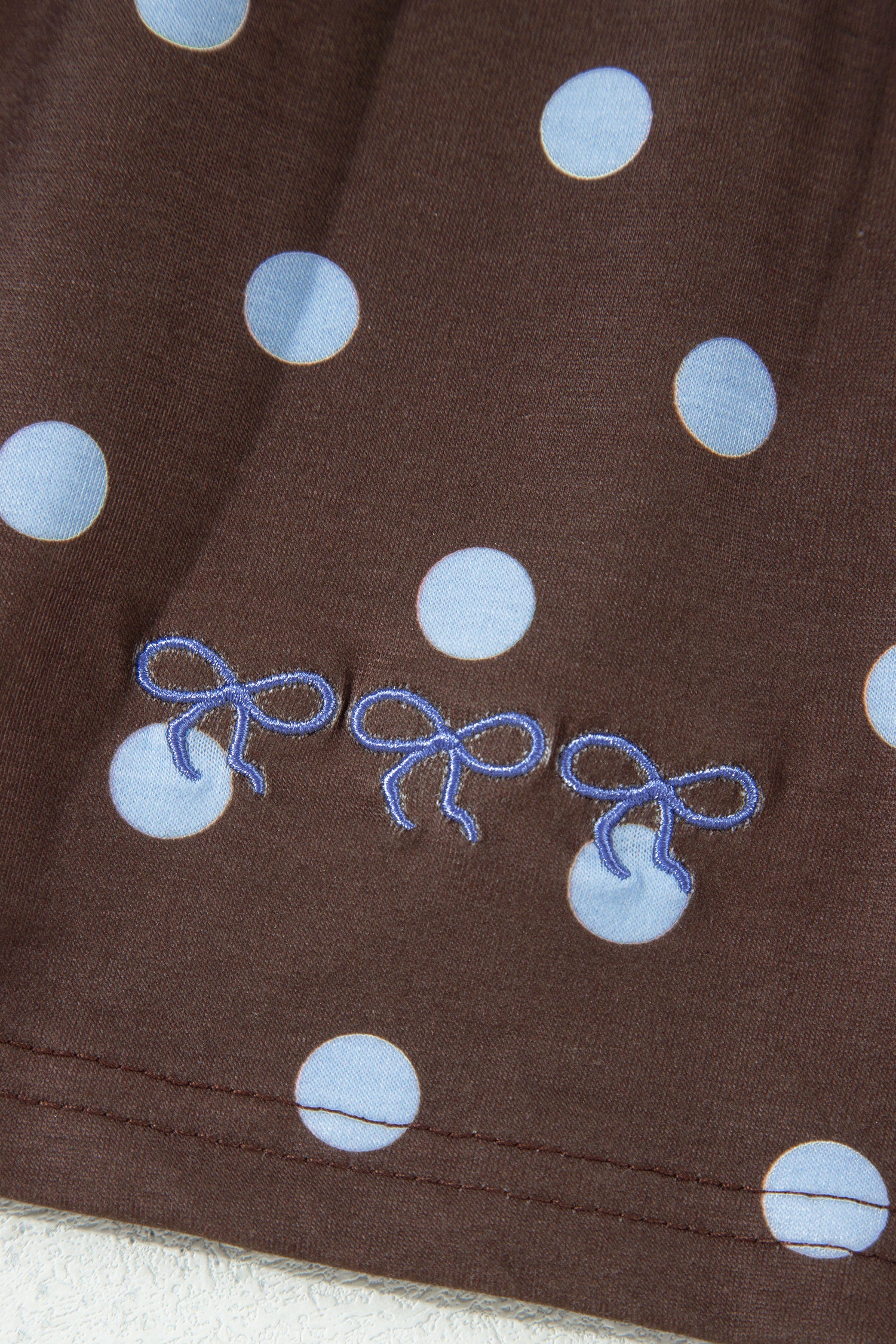 Brown Polka Dot Long Sleeve Pullover Embroidered Bow Detail 2pcs Skort Set