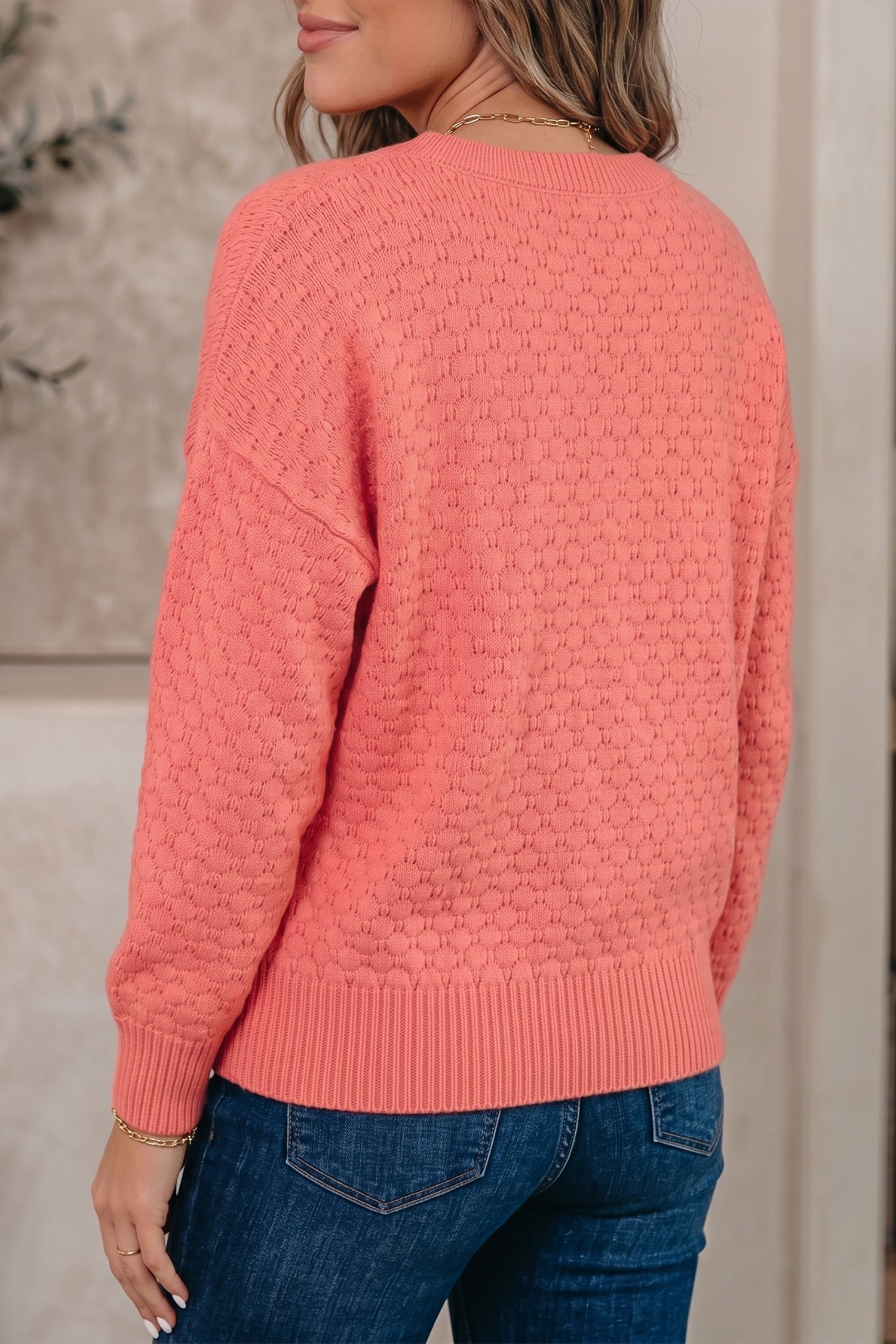 Coral Paradise Drop Shoulder Ribbed Knit Sweater Regular Length Long Sleeve Pullover