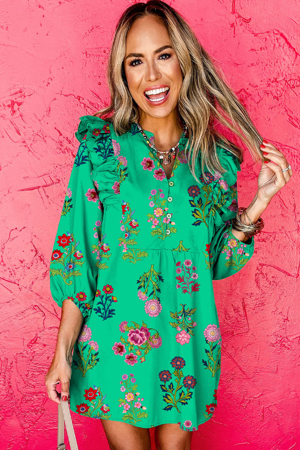 Green Floral Ruffled Three Quarter Sleeve Buttoned Mini Dress
