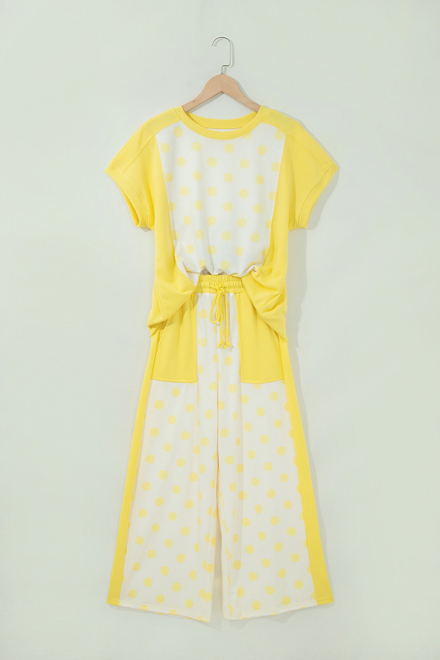 Green Color Block Patchwork Polka Dot Wide Leg Pant Set