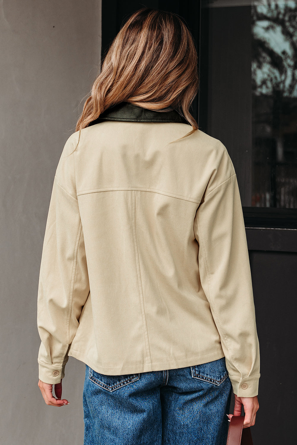 Parchment Contrast Leather Collar Textured Zip Up Jacket