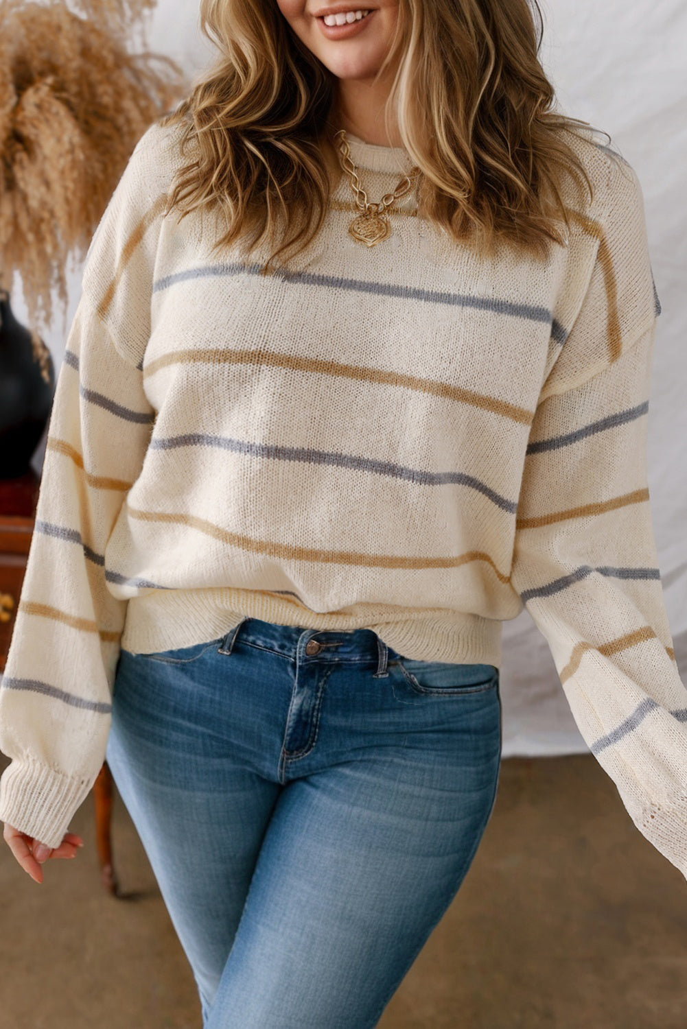 Multicolour Striped Drop Shoulder Plus Sweater