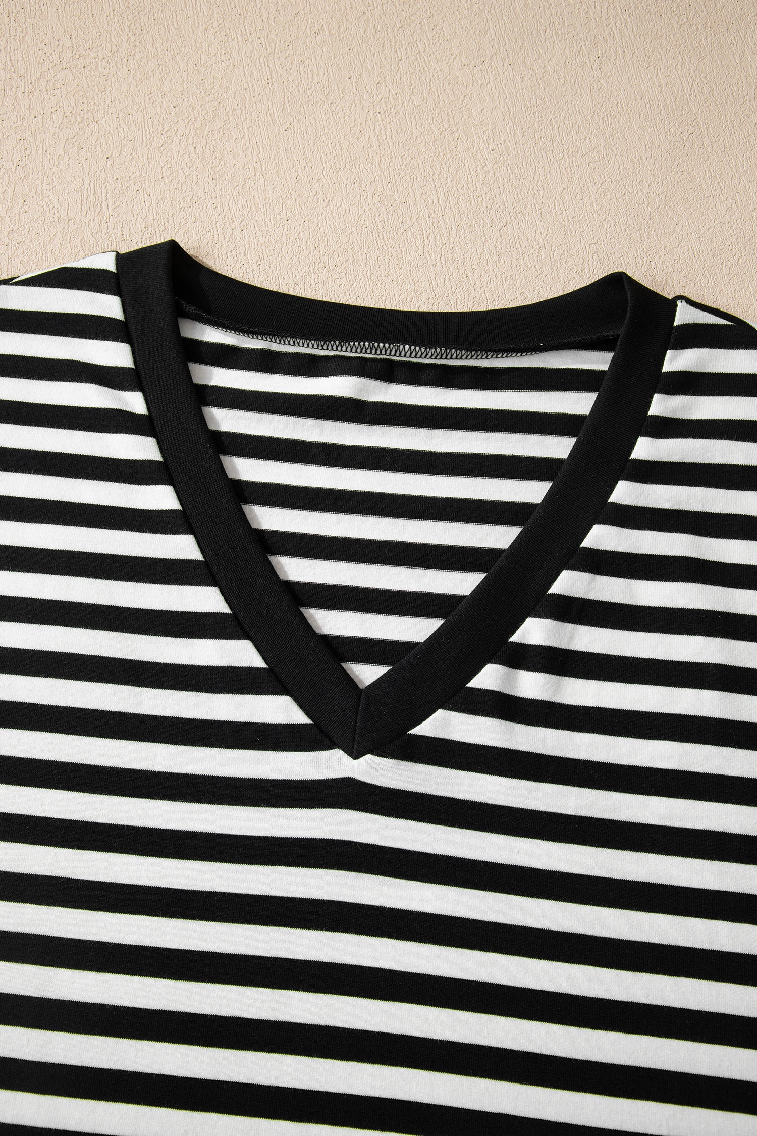 Black Striped Print V Neck Delicate Trim Casual Tee
