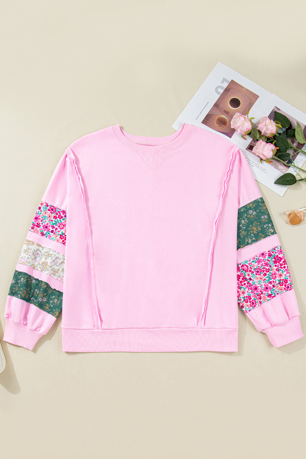 Pink Plus Size Mix Floral Patched Sleeve Ribbed Trim Baggy Sweatshirt