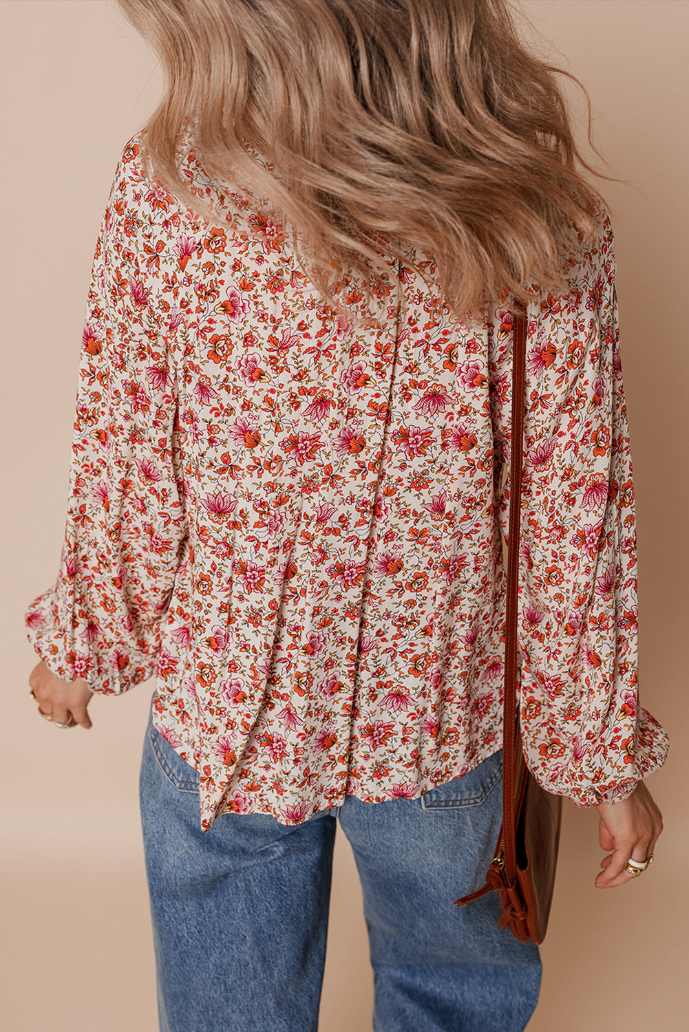 Red Floral Print Pleated Detail Notched Neck Puff Sleeve Blouse