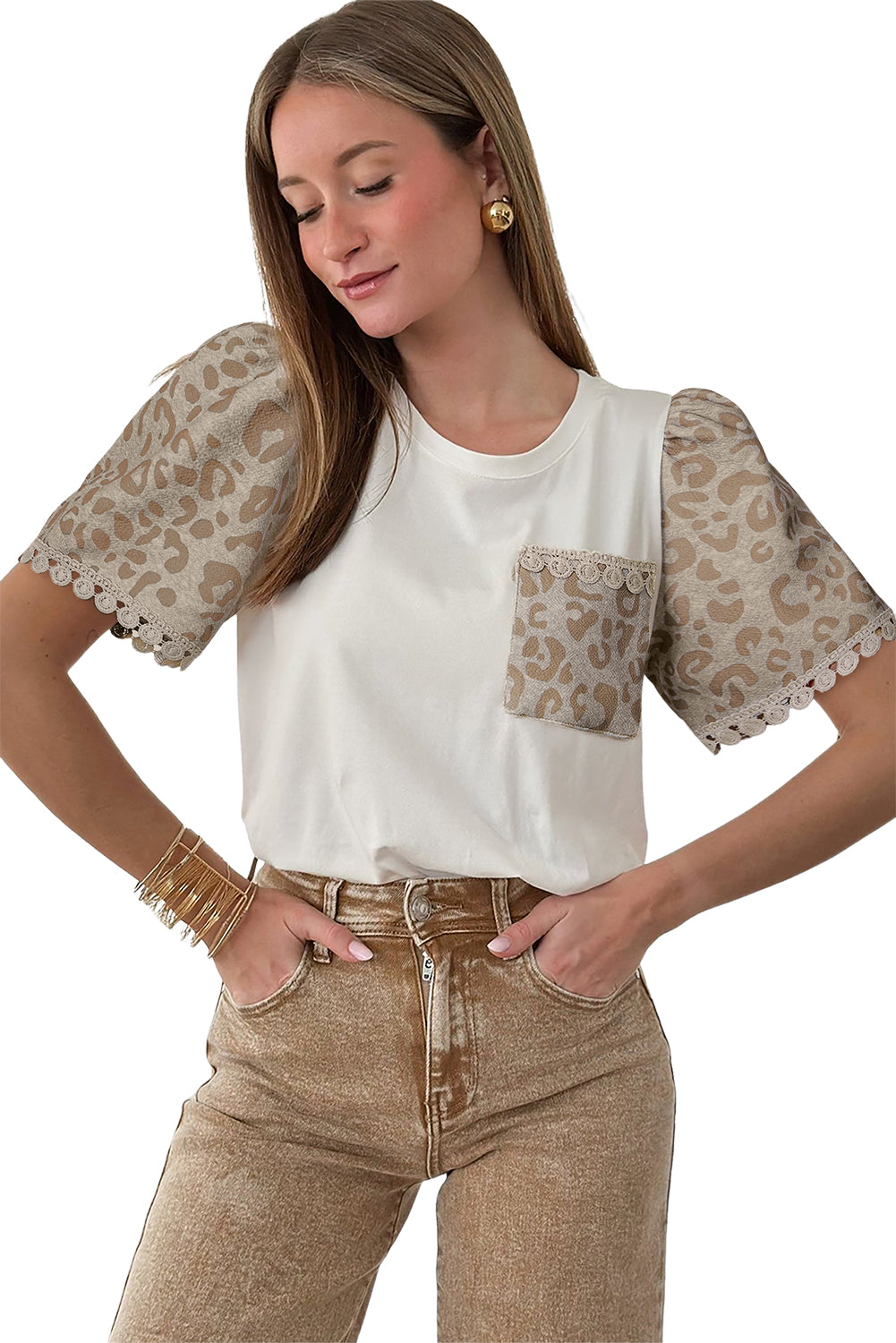 White Leopard Patchwork Crochet Lace Trim Puff Sleeve T Shirt