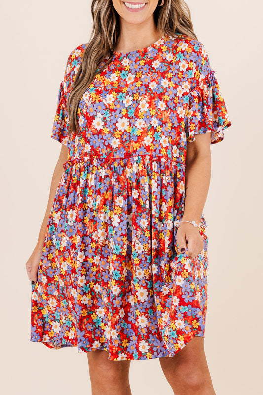 Red Dainty Flower Printed Plus Size Short Sleeve Shift Dress