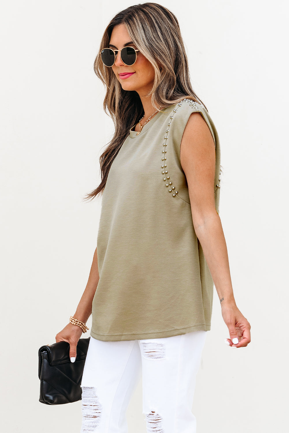 Sage Green Studded Cap Sleeve Round Neck T Shirt