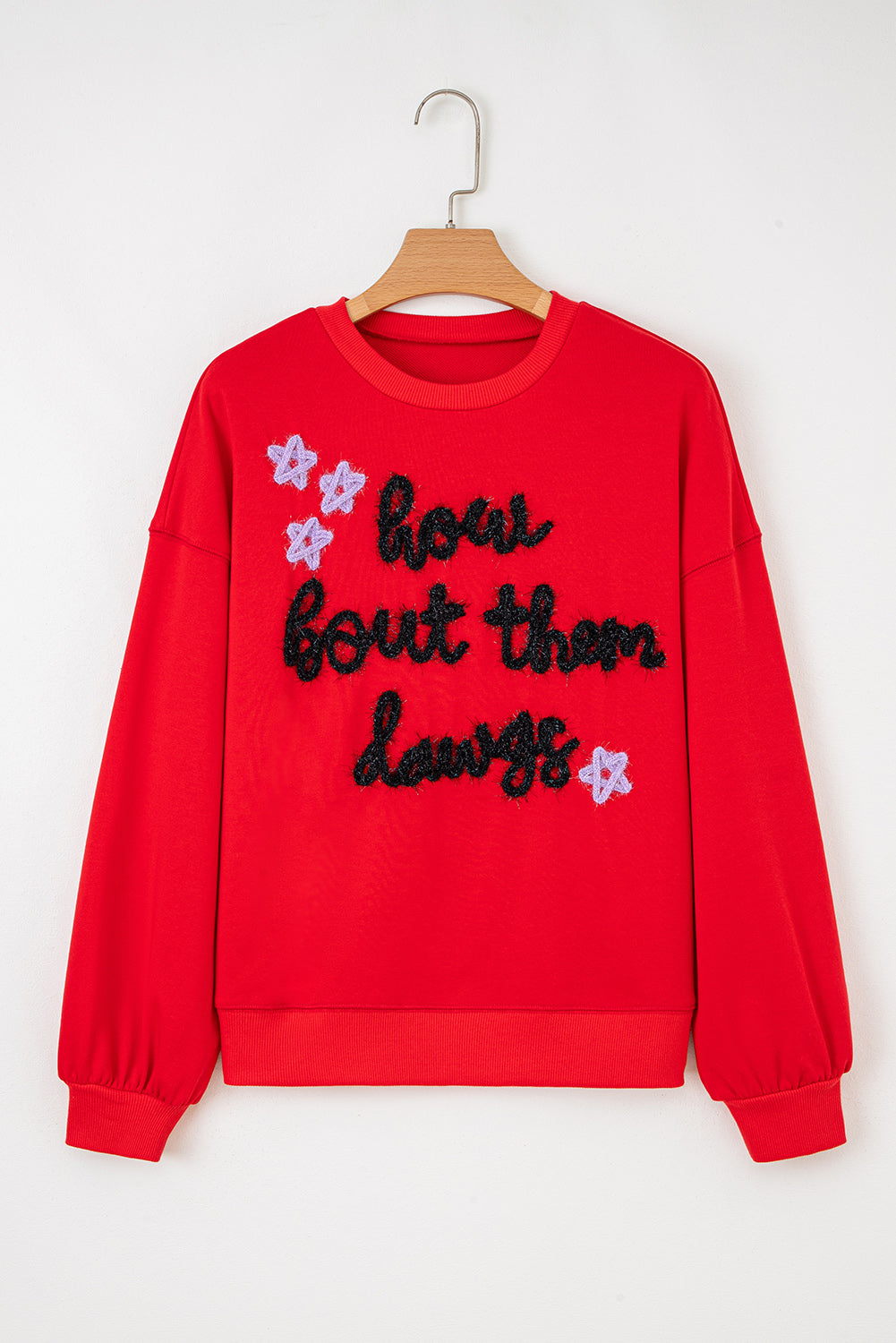 Fiery Red How Bout Them Dawgs Embroidered Script Balloon Sleeve Sweatshirt