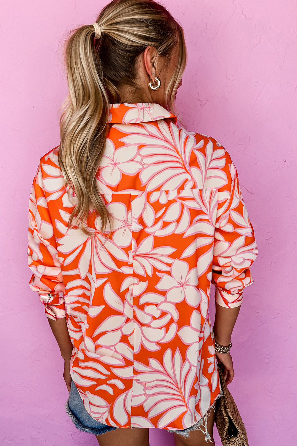 Orange Botanical Print Single Chest Pocket Button Up Shirt