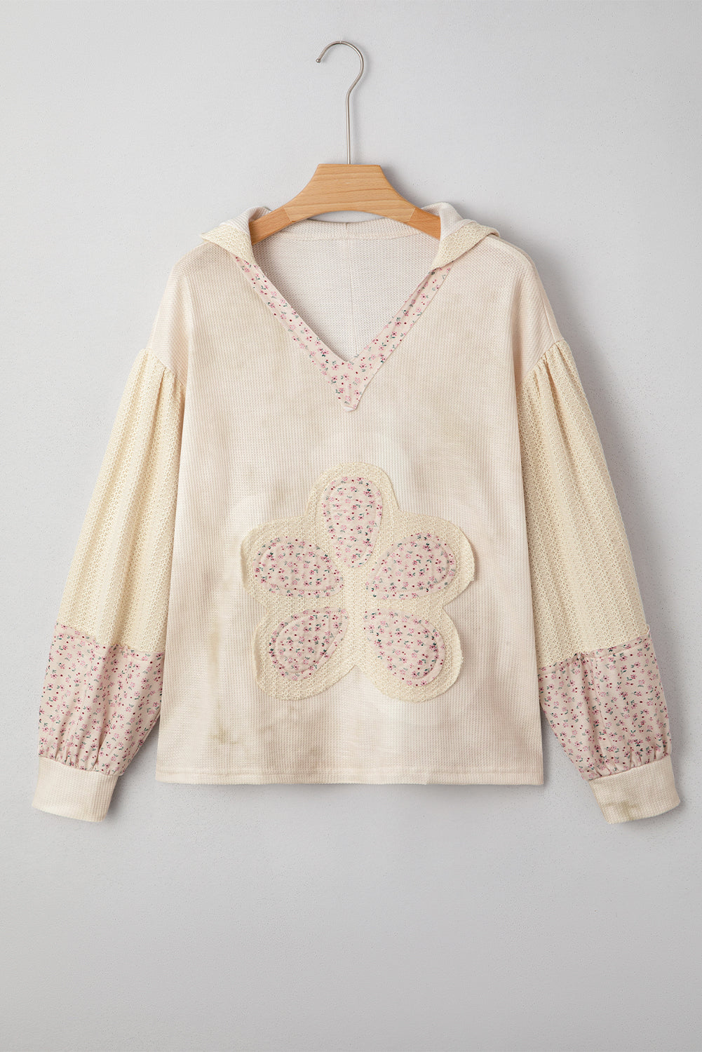 Pink Floral Patched Waffle Textured Colorblock V Neck Casual Hooded Top