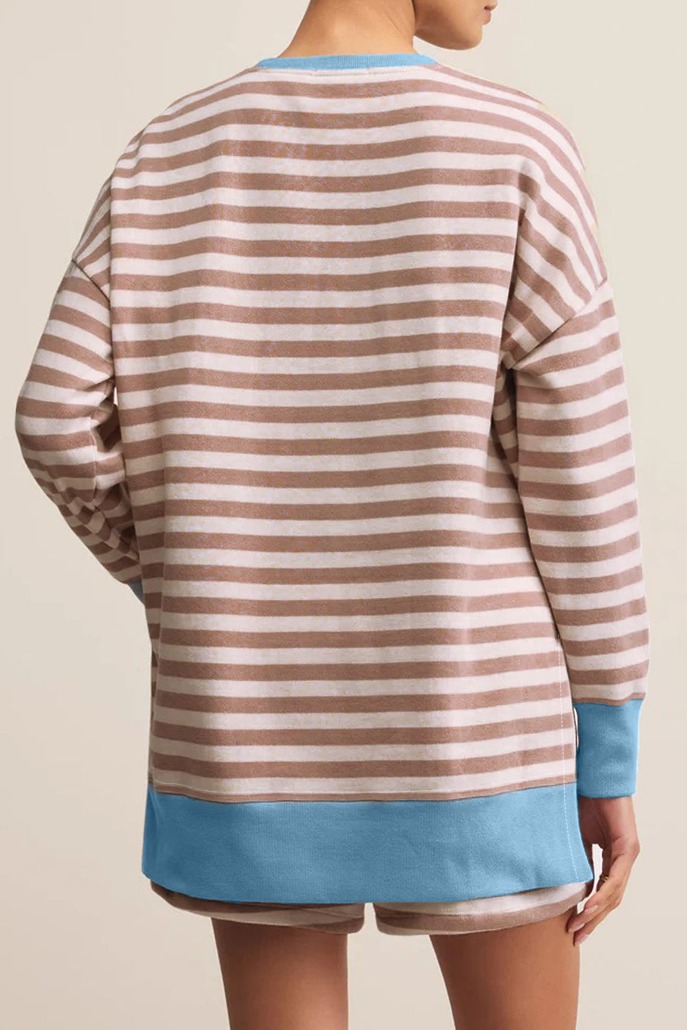 Khaki Stripe Contrast Edge Drop Shoulder Pullover and Shorts Plus Size Set