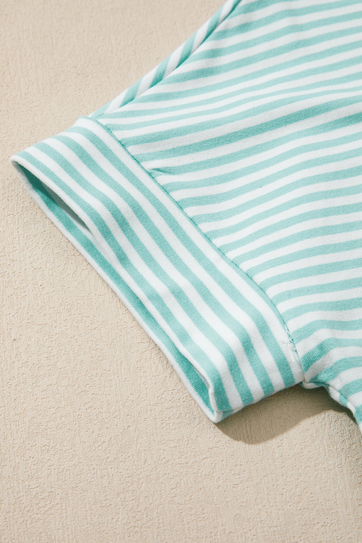 Sky Blue Stripe Cuffed Sleeve Contrast Mock Neck Tee Casual 2pcs Short Set