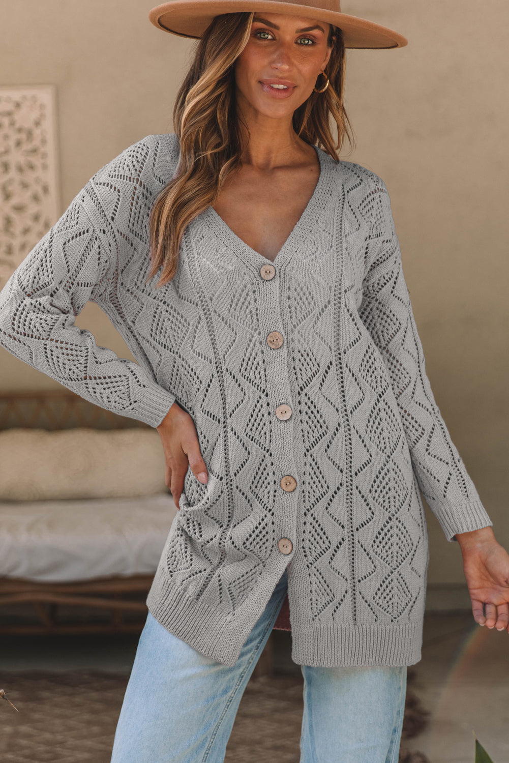 Gray Hollow-out Openwork Knit Cardigan