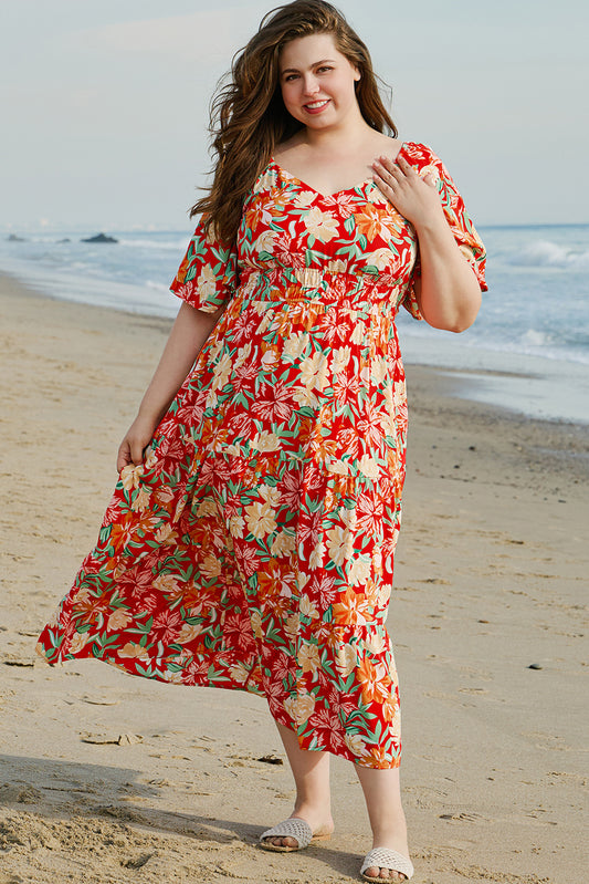 Orange Floral V Neck Flutter Sleeve Cinched Waist Long Plus Size Dress