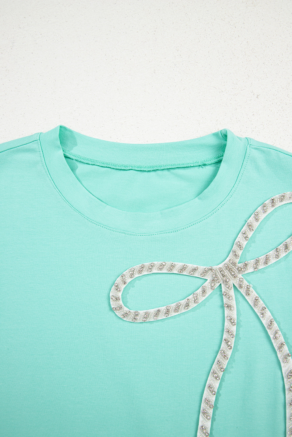 Mint Green Rhinestone Bow Embellished Round Neck Tee