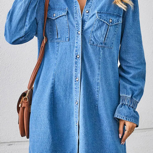 Washed Pockets Button Denim Dress two colors