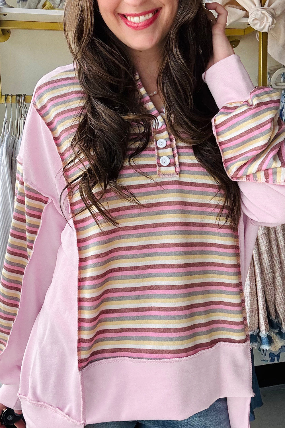 Pink Exposed Seam Color Block Striped Patchwork Loose Henley Sweatshirt