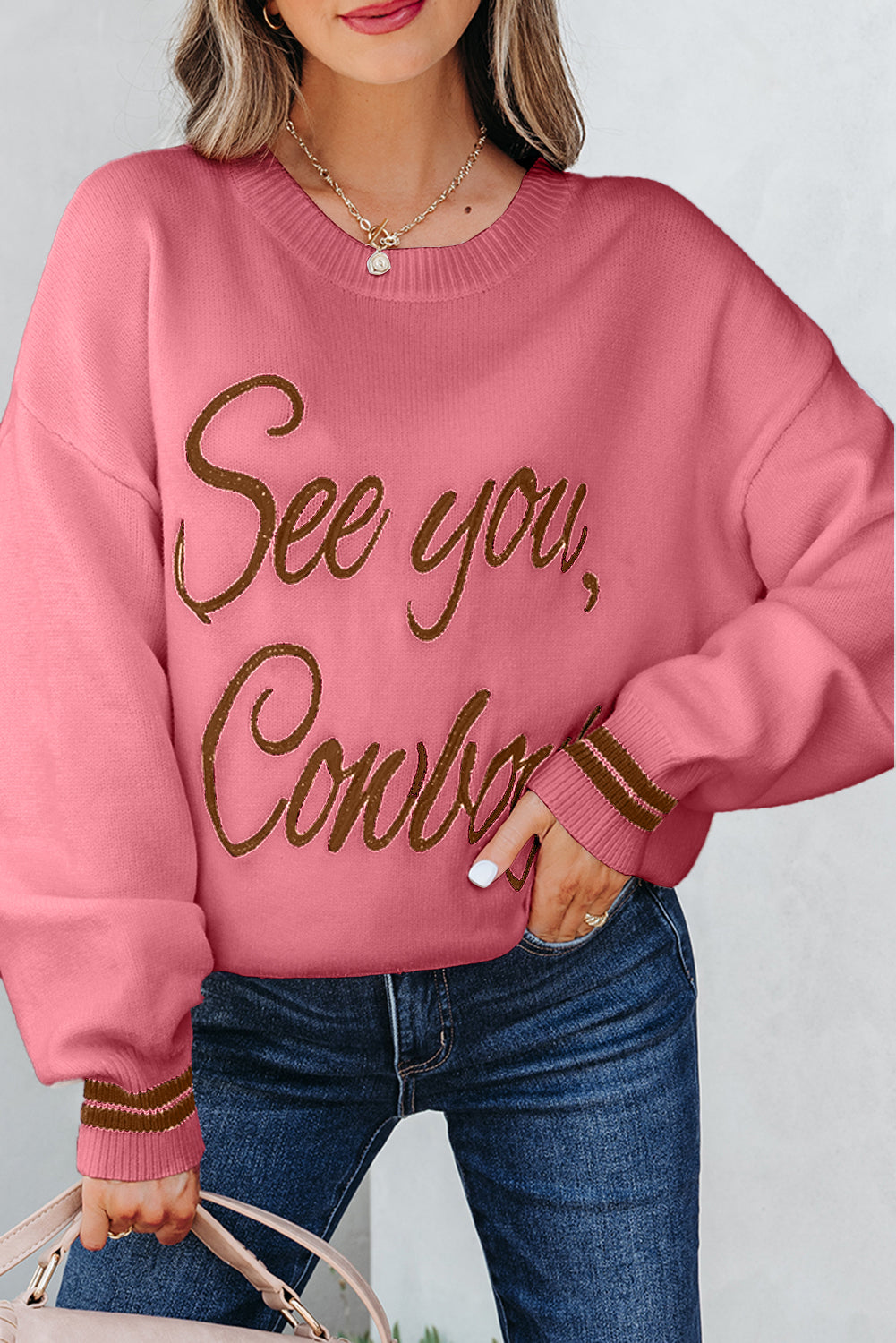Peach Blossom See You Cowboy Embroidered Western Graphic Sweater