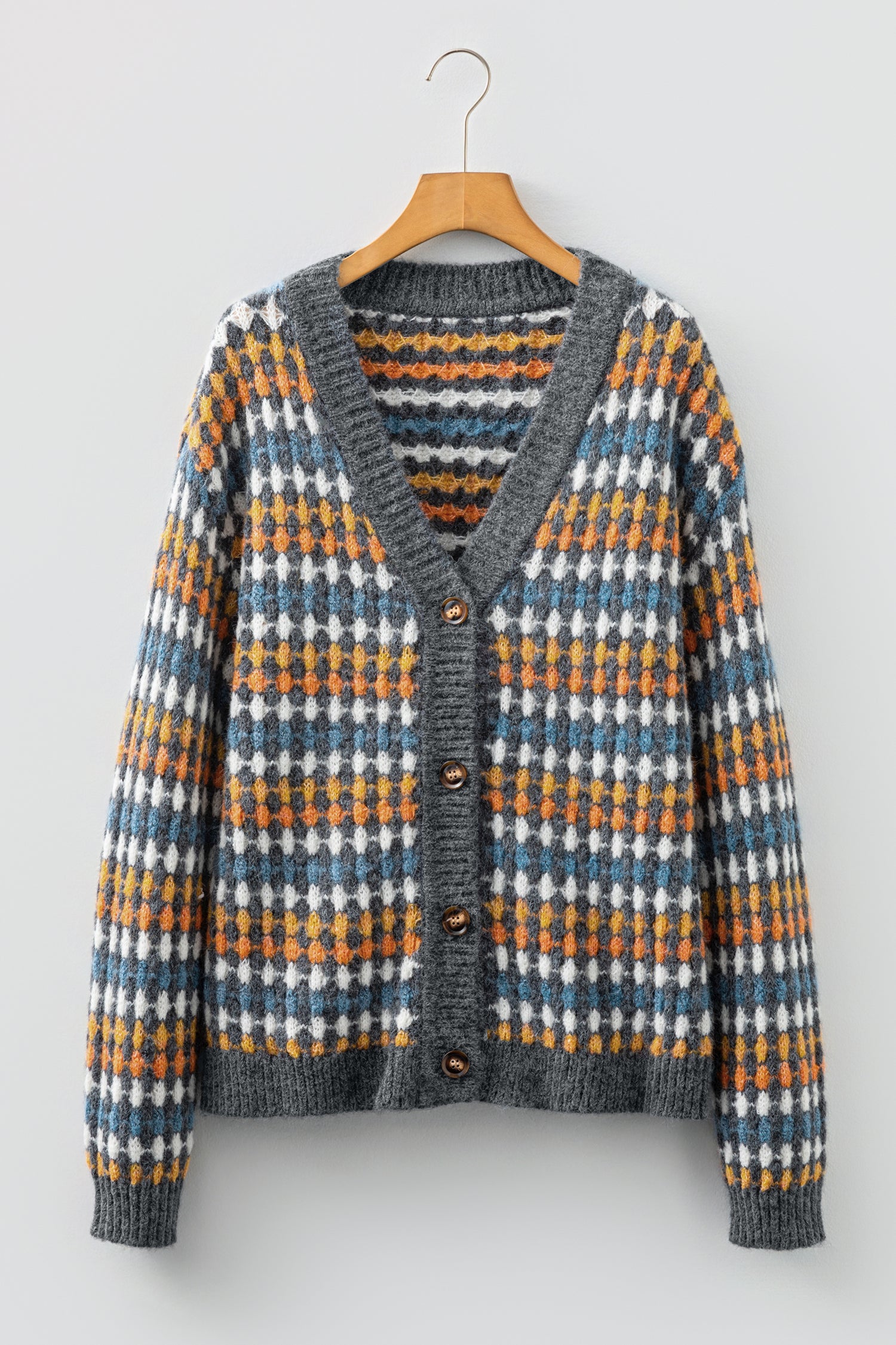 Gray Dotty Pattern Knit Button Front V Neck Sweater Cardigan