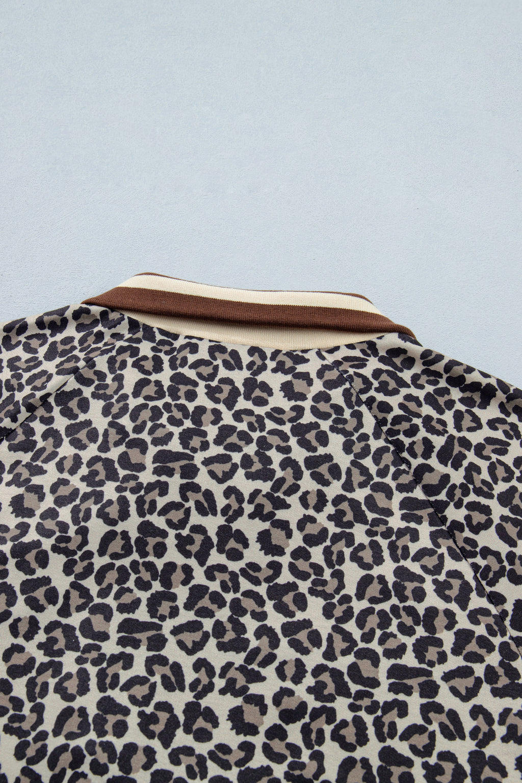 Brown Leopard Print Half Zip Striped Trim Patchwork Short Sleeve Top