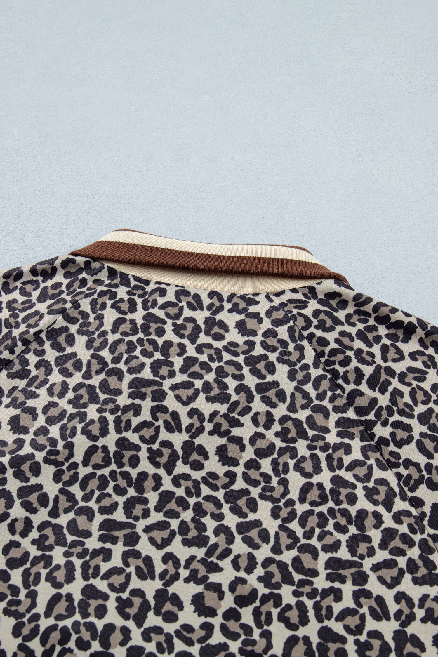 Brown Leopard Print Half Zip Striped Trim Patchwork Short Sleeve Top