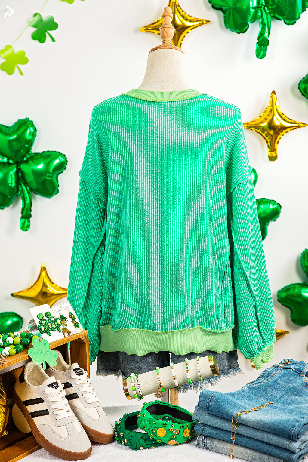Bright Green Twisted Rib St Patricks Day Sequin Patch Graphic Long Sleeve Top