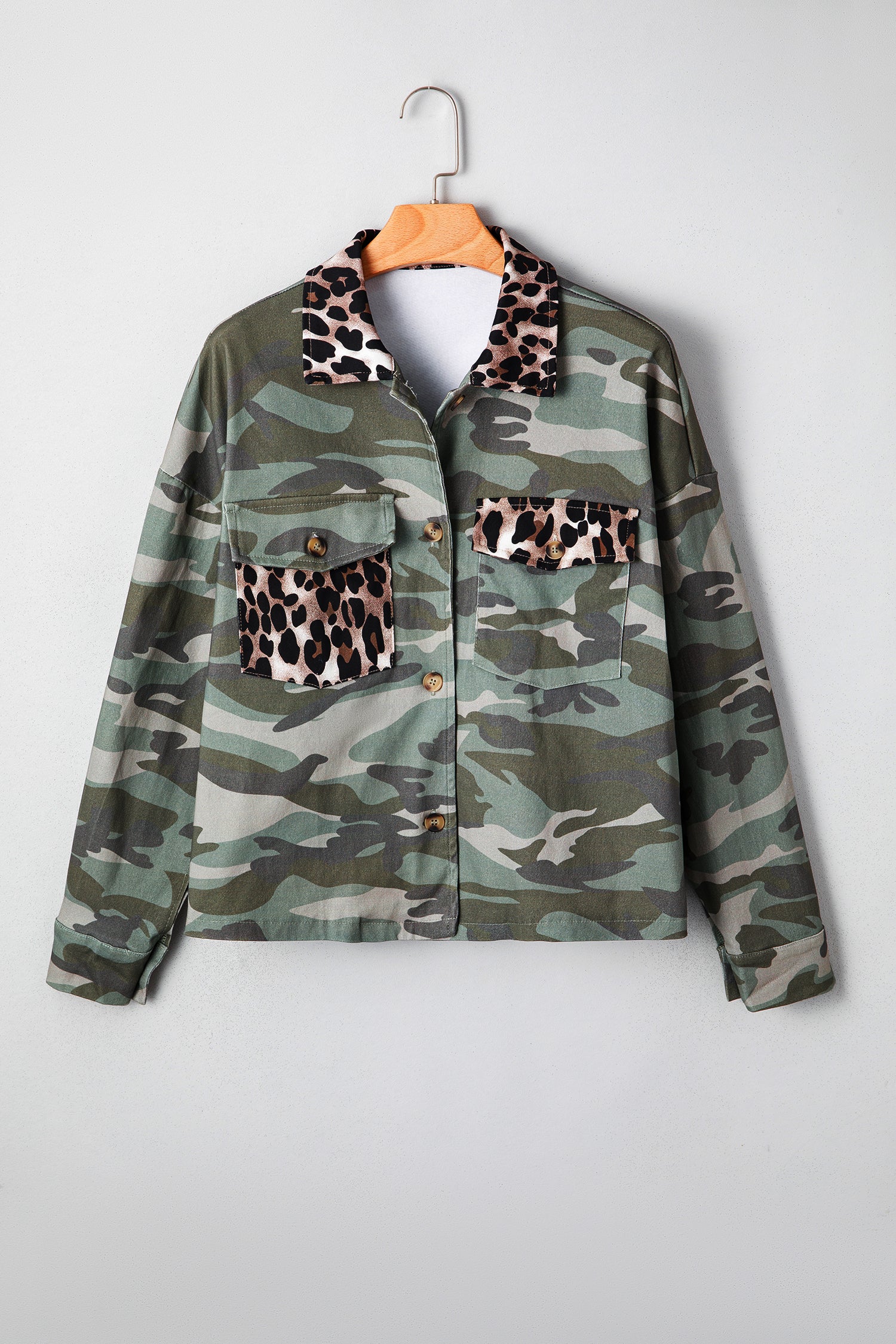 Green Camo Leopard Patchwork Flap Pocket Crop Jacket