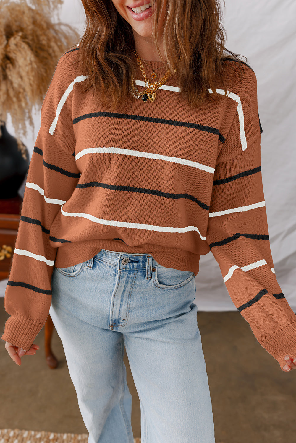 Multicolour Striped Ribbed Edge Drop Shoulder Sweater