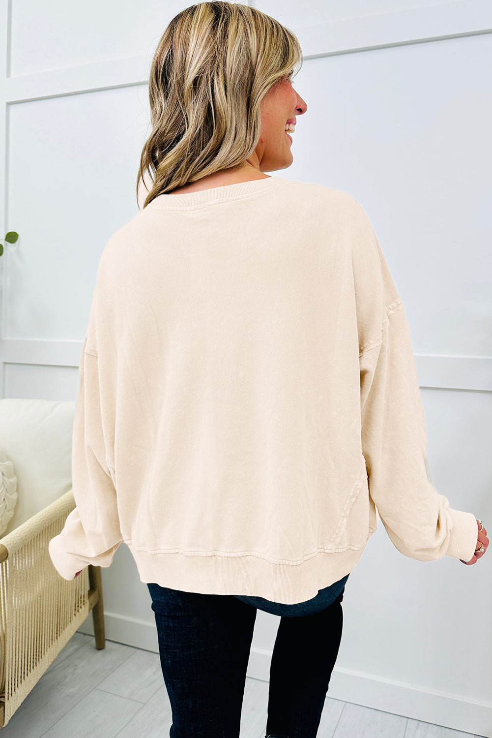 Beige Flower Patched Mineral Wash Round Neck Plus Size Top