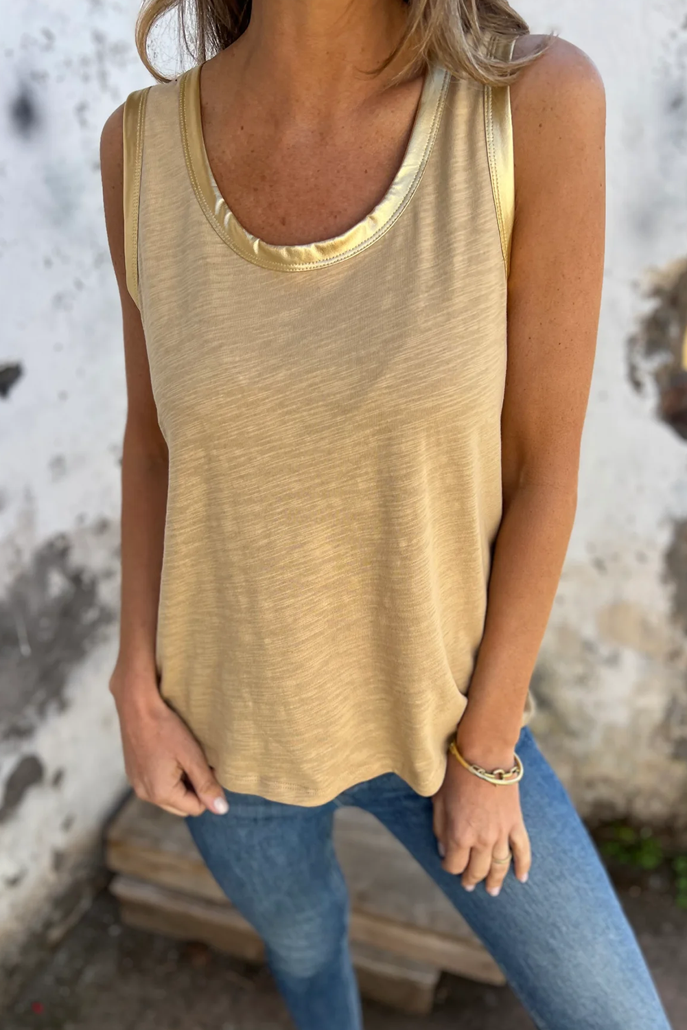 Peacock Blue Metallic Sheen Edge Scoop Neck Tank Top