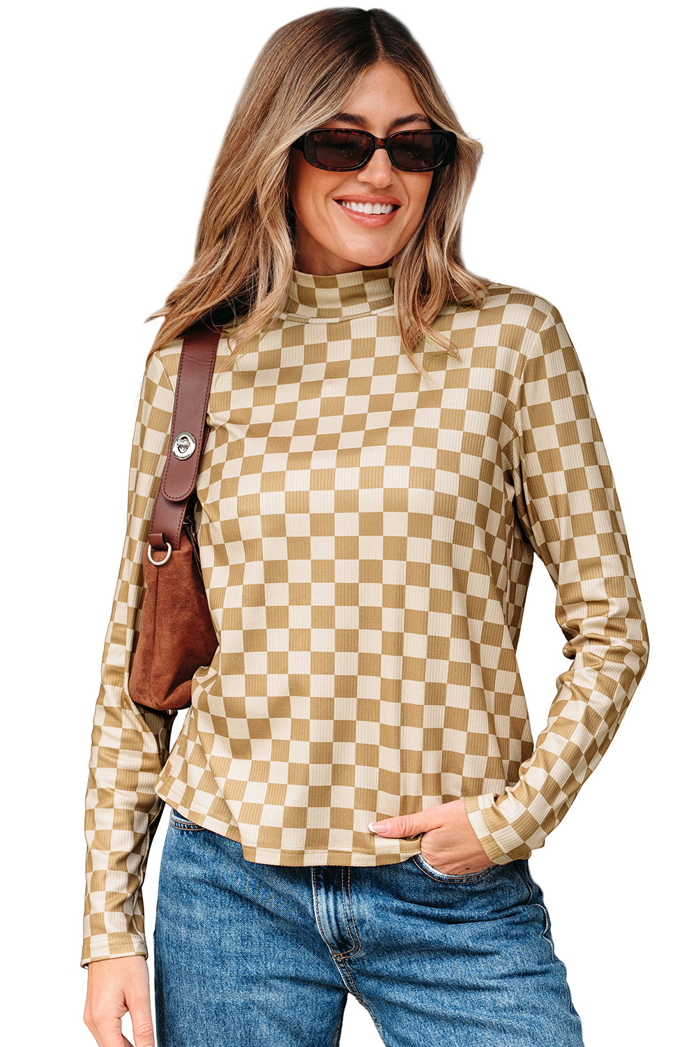Khaki Check Pattern Turtleneck Ribbed Slim Long Sleeve Tee