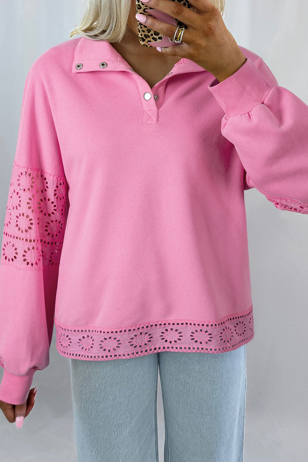 Bonbon Embroidered Flower Patchwork Snap Buttons Pullover Sweatshirt