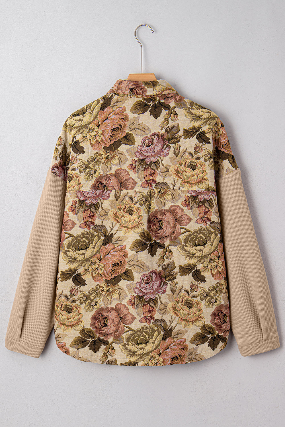 Khaki Floral Waffle Knit Patchwork Chest Pockets Buttoned Jacket