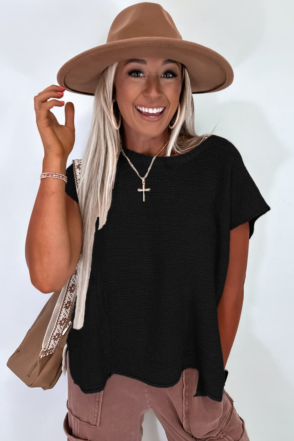 Sachet Pink Solid Color Sweater Tee with Side Slits