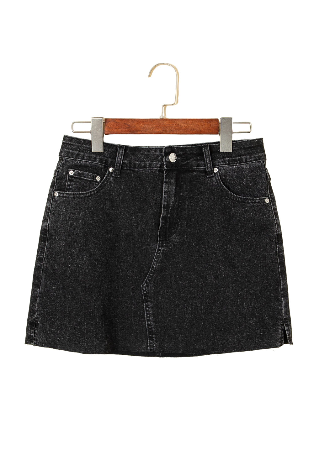 Carbon Grey Mineral Wash Ripped Raw Hem Denim Mini Skirt