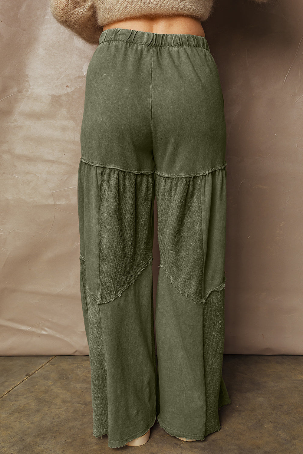 Straw Yellow Mineral Wash Tiered Wide Leg Patchwork Drawstring Pants