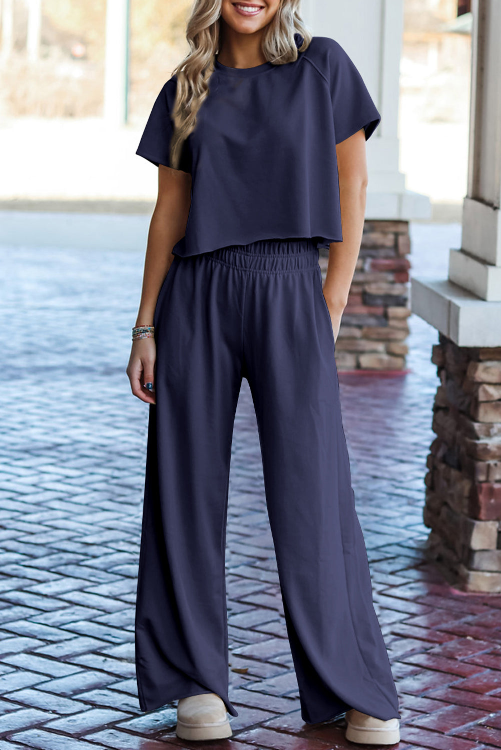 Navy Blue Raw Hem Loose Tee and Wide Leg Pants Set