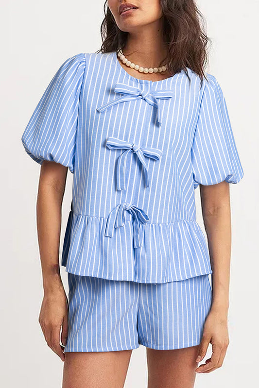 Sky Blue Striped Bowknot Detail Puffy Sleeve Top and Shorts 2Pcs Set