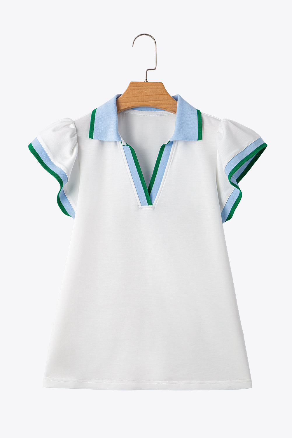 Beau Blue Color Contrast Ruffled Sleeve Collared V Neck Blouse