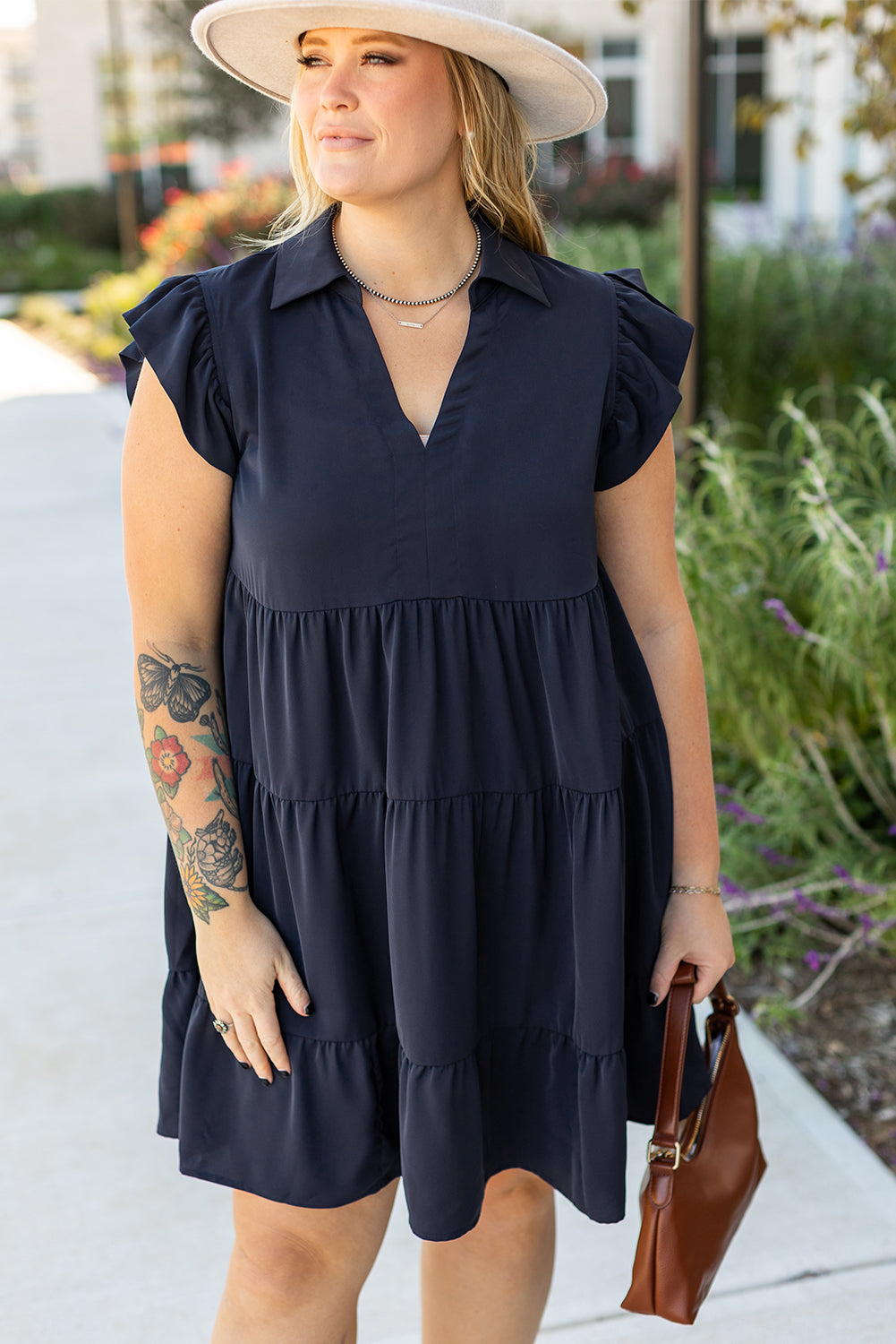 Navy Blue Collared V Neck Flutter Sleeve Tiered Plus Size Dress