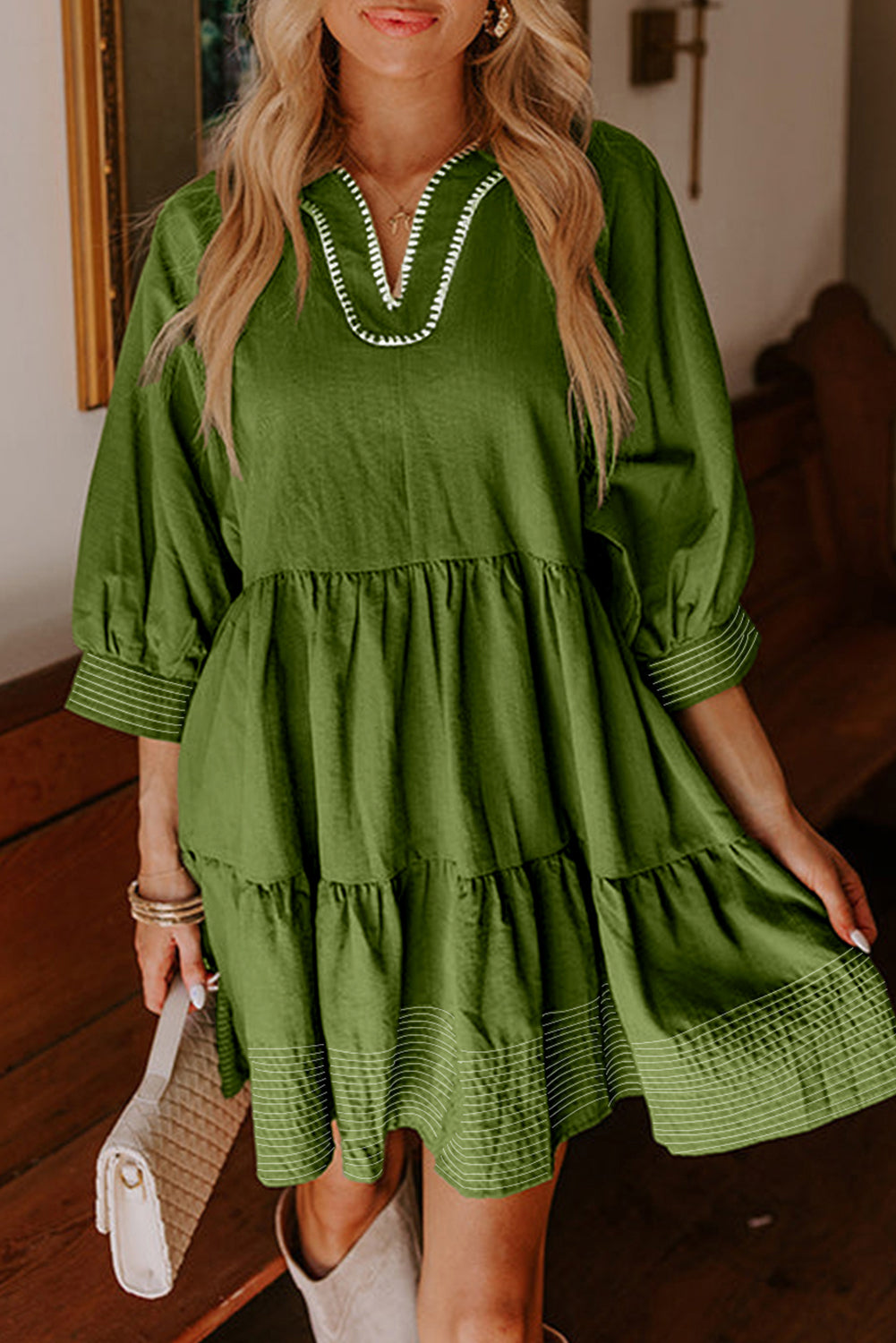Black Contrast Stitched V Neck 3/4 Sleeve Tiered Mini Dress