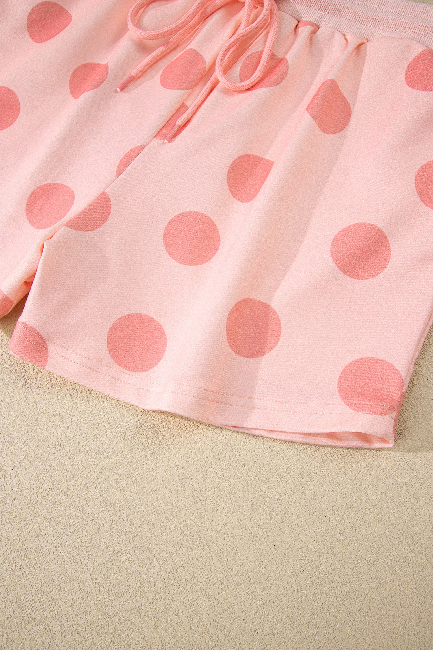 Sky Blue Polka Dot Print Drop Shoulder Pullover Drawstring Shorts Set