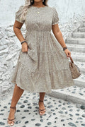 Brown Plus Size Leopard Print Frill Trim Short Sleeve Flared Dress