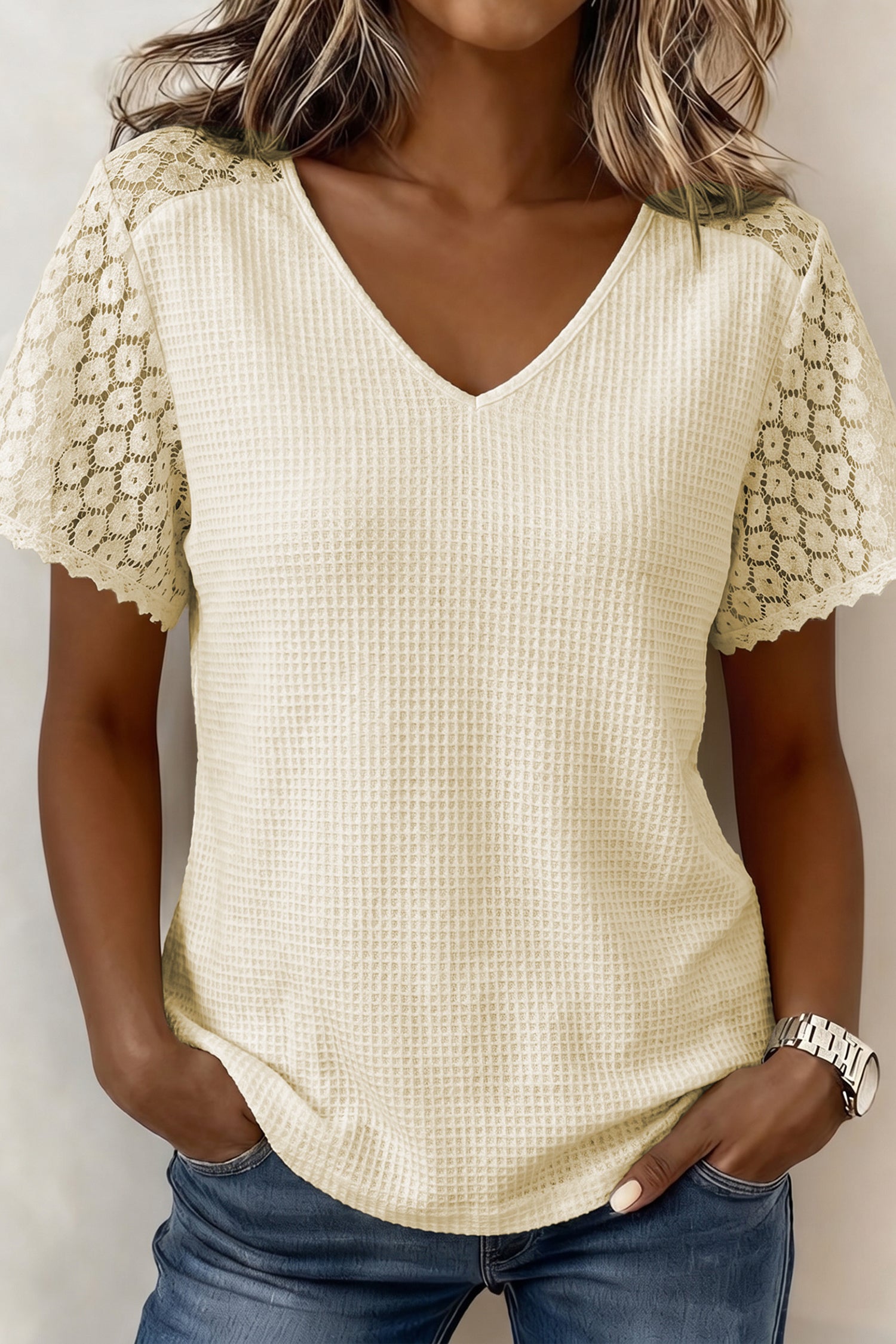 Pink Lace Splicing Button Cutout V Neck Waffle Knit Blouse